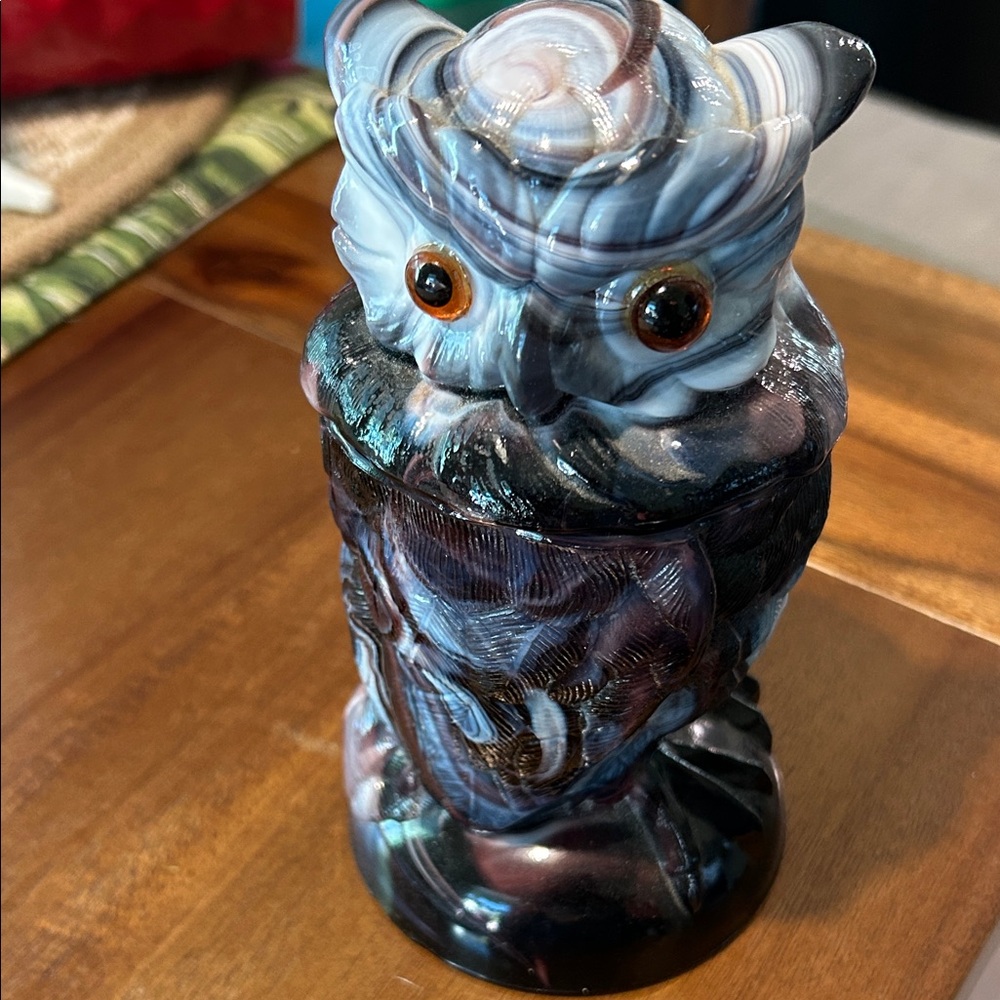 Collectible Glass Owl Figurine - Iridescent Blue
